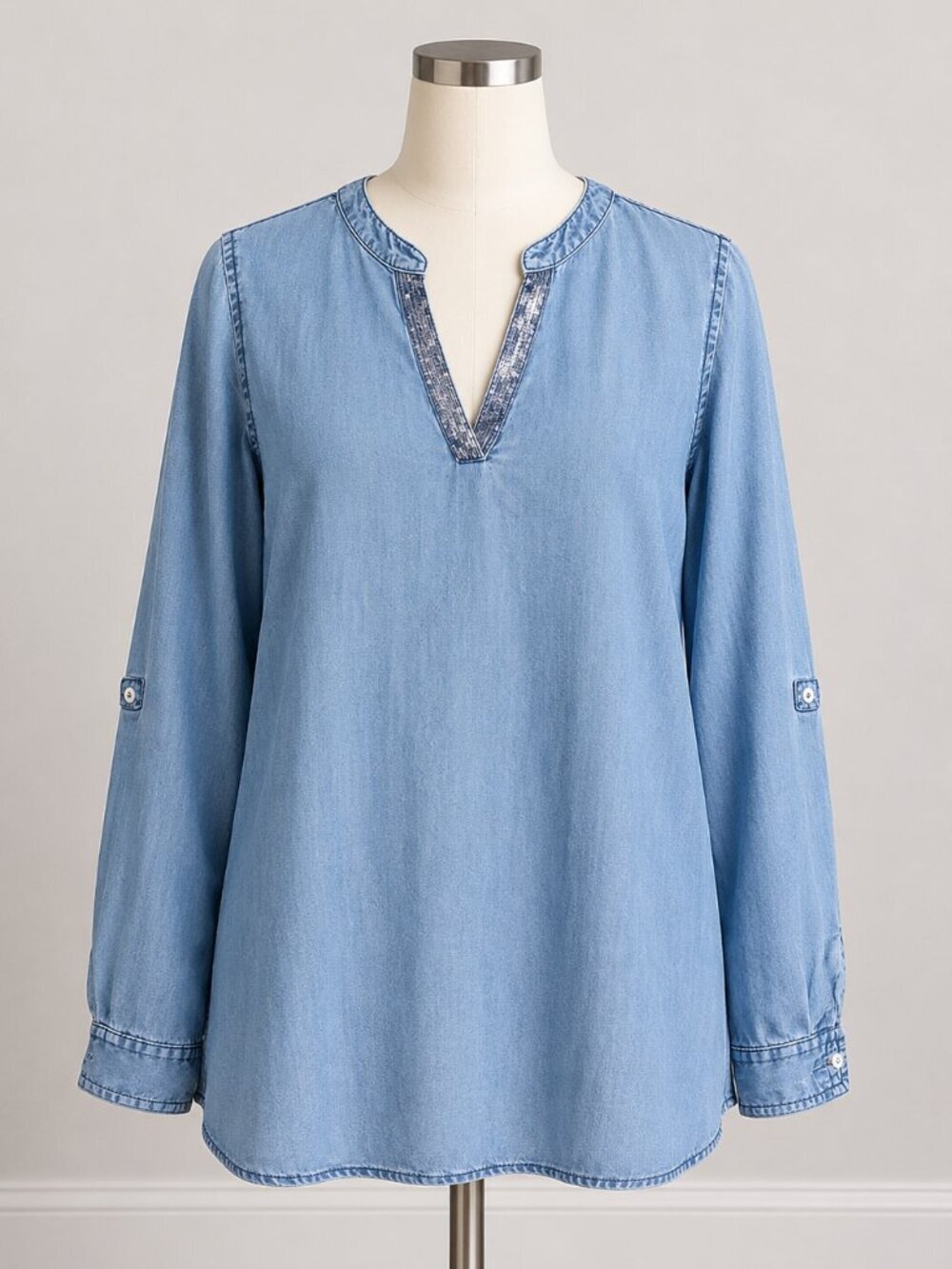 Esmara by Heidi Klum Denim Roll Tab Sleeve Rhinestone Trim Pullover Top Sz 6